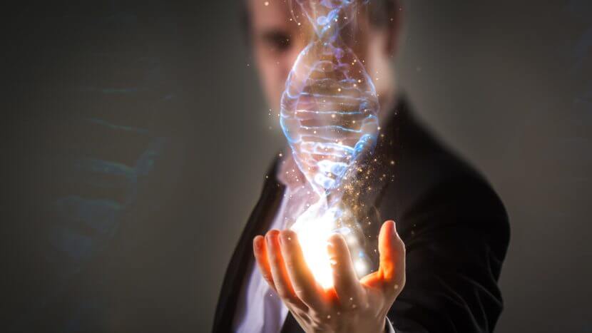 health, man with a hologram of DNA coming from his hand